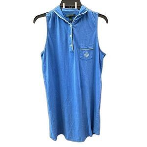 Lauren Ralph LAUREN Cotton Blue Nightgown L Monogram LRL Pocket Women Buttons